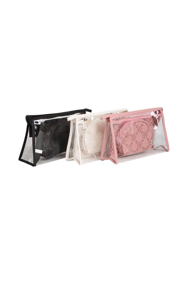 TRANSPARENT &amp; FLORAL PATTERN COSMETIC TRAVEL POUCH SET