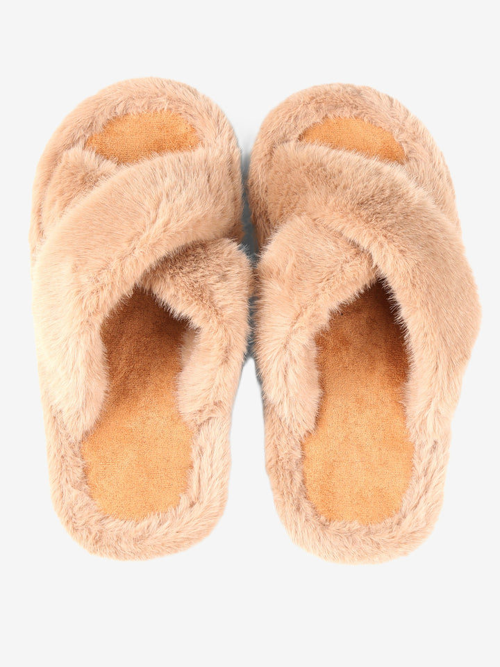 FUZZY SOLID COLOR CRISS-CROSS SLIPPERS - 6 pr pack