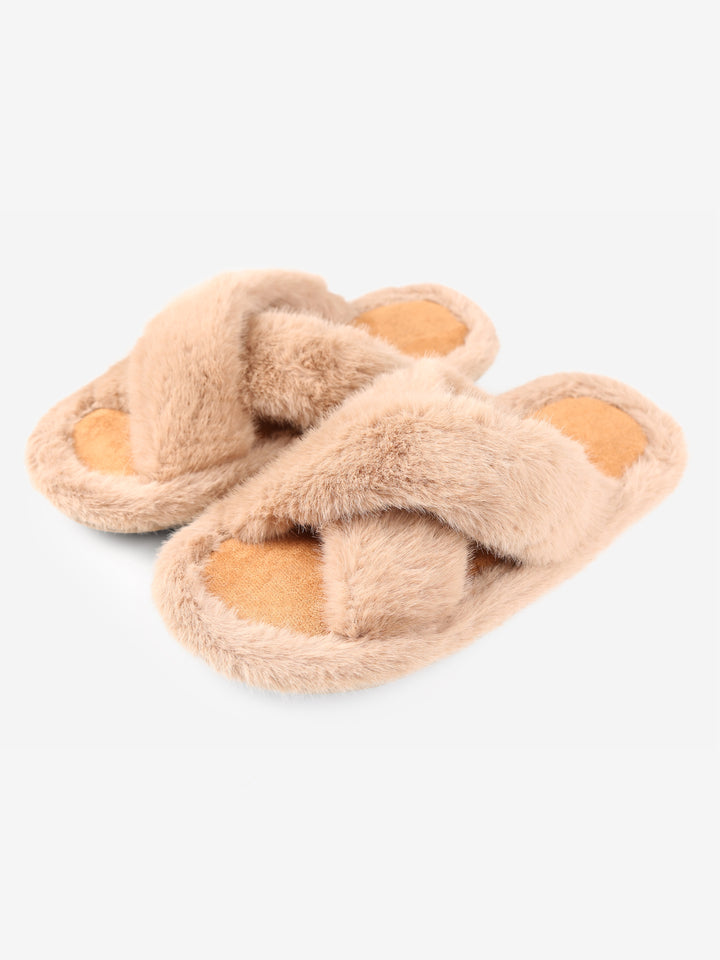FUZZY SOLID COLOR CRISS-CROSS SLIPPERS - 6 pr pack