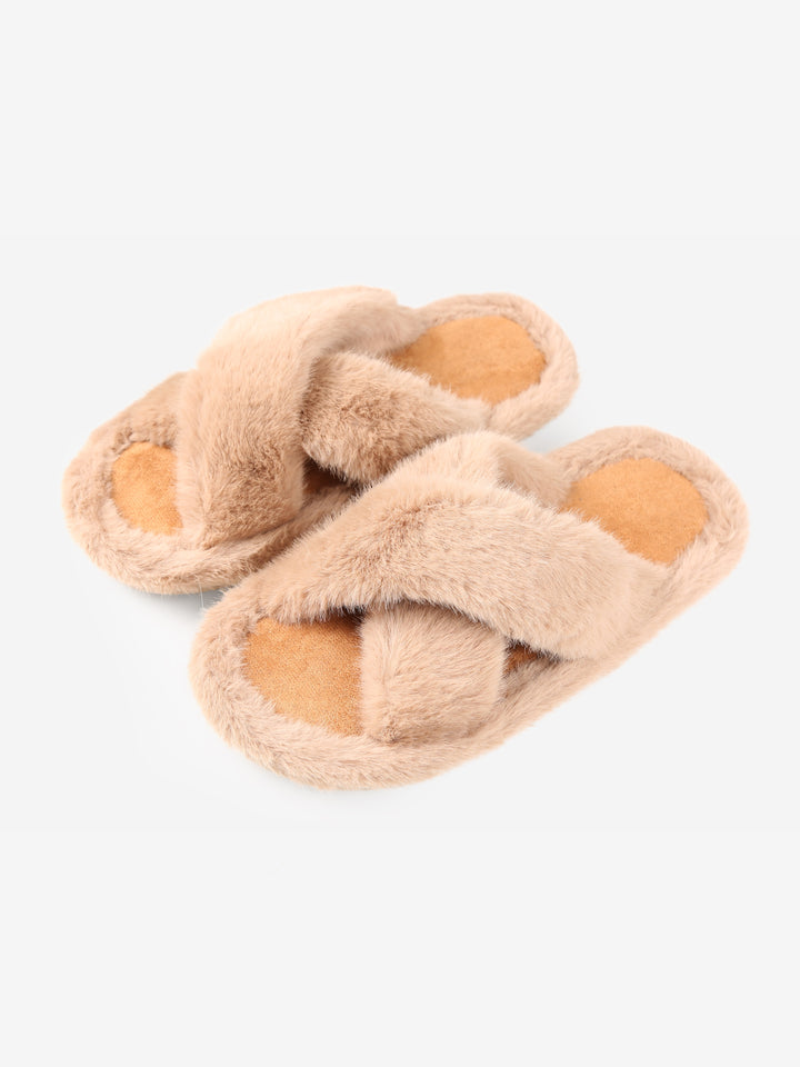 FUZZY SOLID COLOR CRISS-CROSS SLIPPERS - 6 pr pack