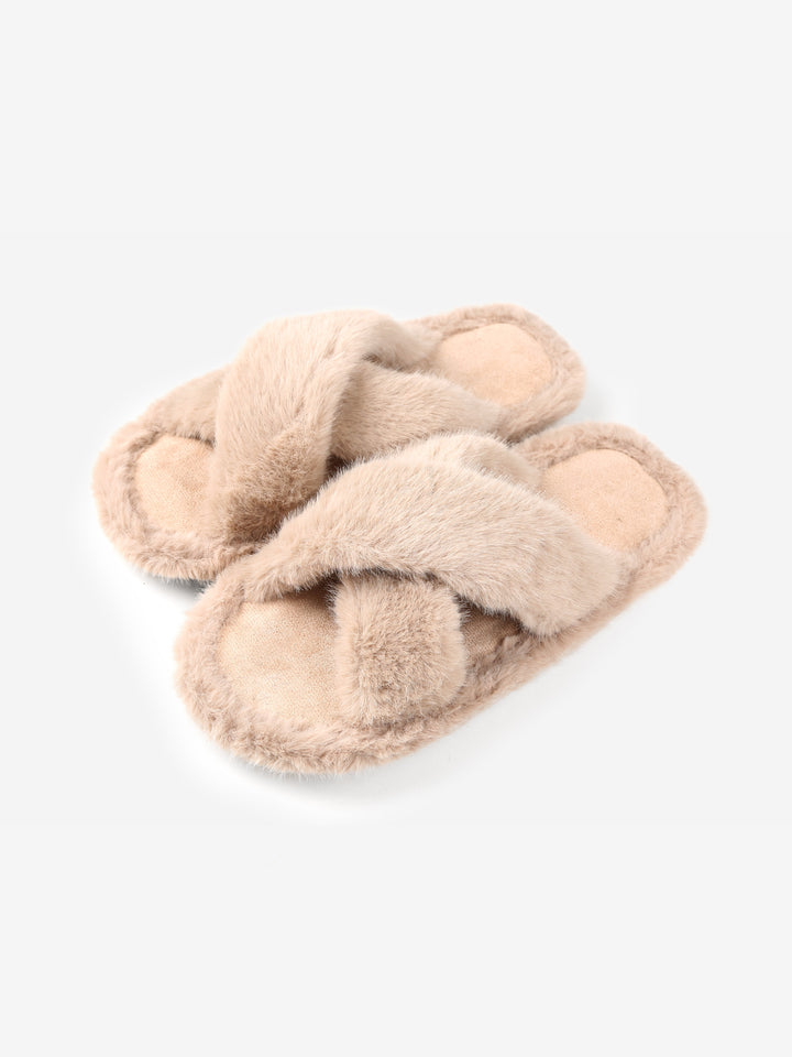 FUZZY SOLID COLOR CRISS-CROSS SLIPPERS - 6 pr pack