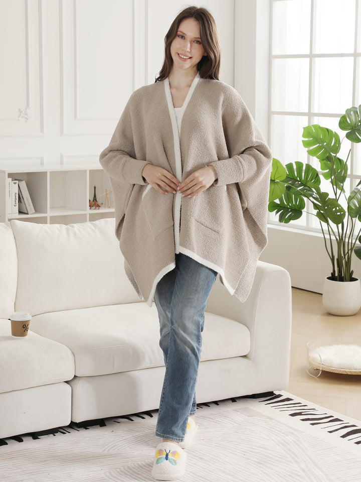 SOLID COLOR W/ COLORED EDGE PATTERN WEARABLE BLANKET RUANA