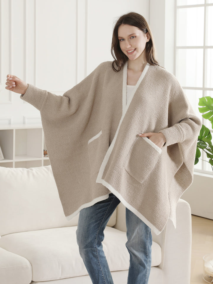 SOLID COLOR W/ COLORED EDGE PATTERN WEARABLE BLANKET RUANA