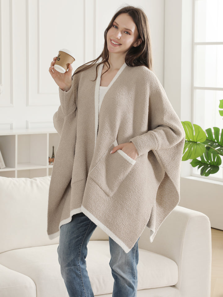 SOLID COLOR W/ COLORED EDGE PATTERN WEARABLE BLANKET RUANA