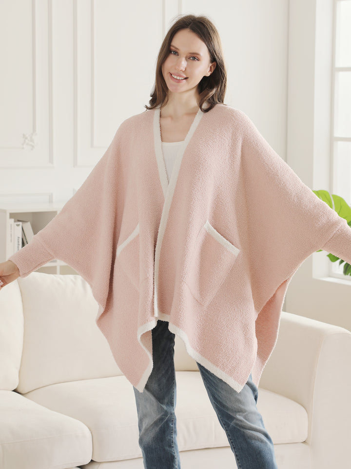 SOLID COLOR W/ COLORED EDGE PATTERN WEARABLE BLANKET RUANA