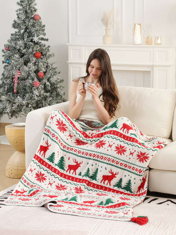 CHRISTMAS THEMED PATTERN THROW BLANKET W/ TASSELS