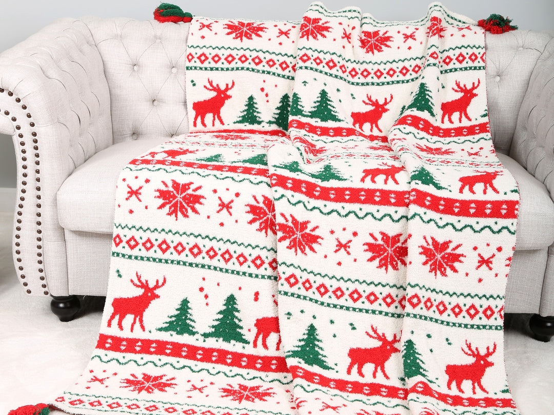 CHRISTMAS THEMED PATTERN THROW BLANKET W/ TASSELS