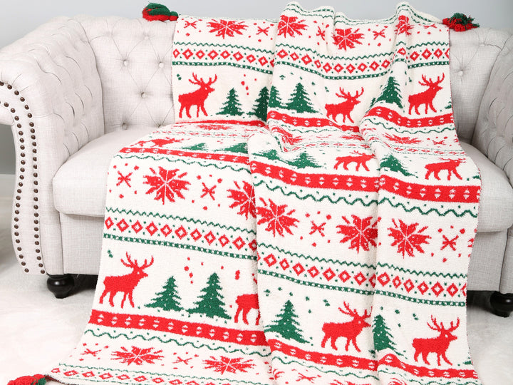 CHRISTMAS THEMED PATTERN THROW BLANKET W/ TASSELS