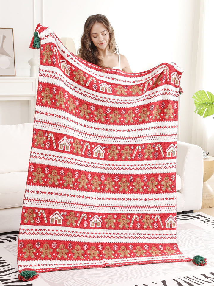CHRISTMAS THEMED PATTERN THROW BLANKET W/ TASSELS