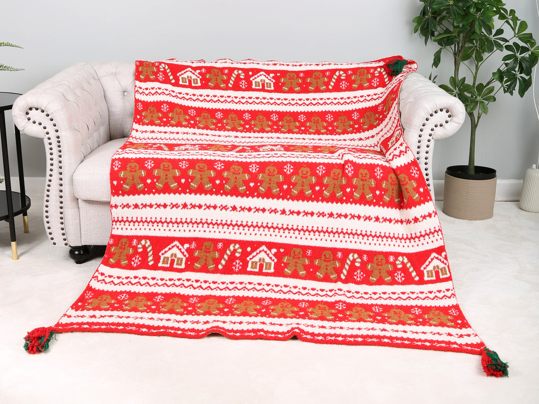 CHRISTMAS THEMED PATTERN THROW BLANKET W/ TASSELS