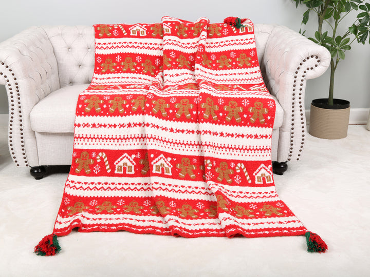 CHRISTMAS THEMED PATTERN THROW BLANKET W/ TASSELS