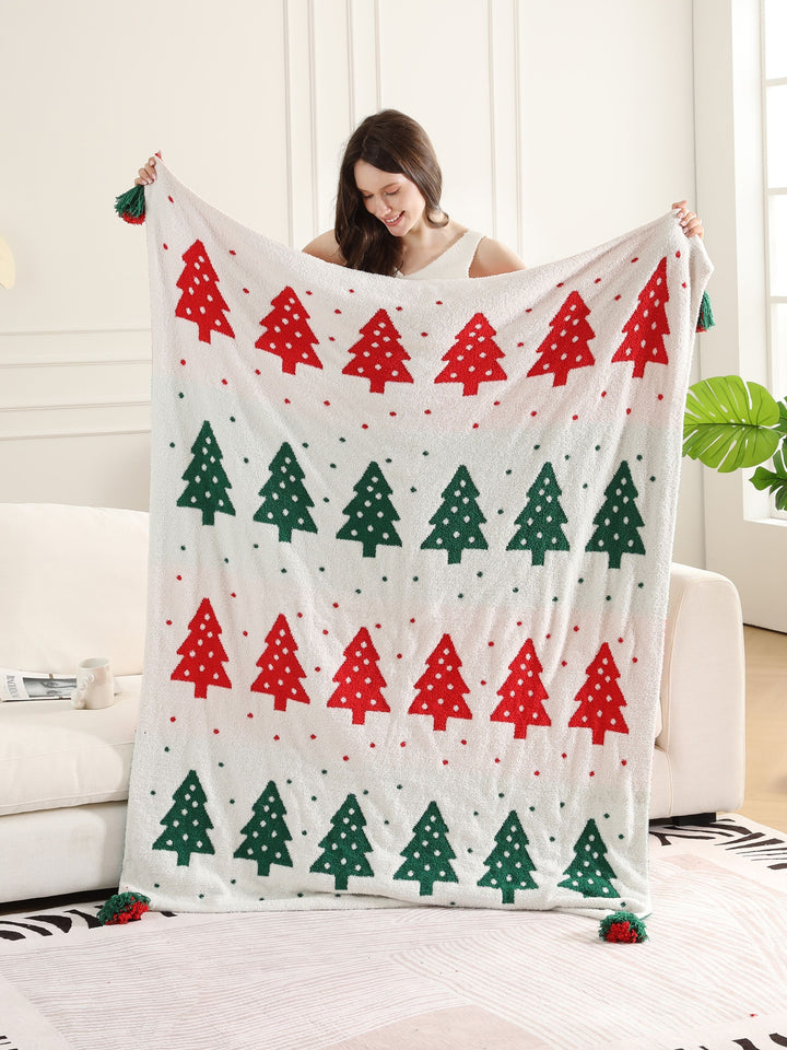 CHRISTMAS THEMED PATTERN THROW BLANKET W/ TASSELS
