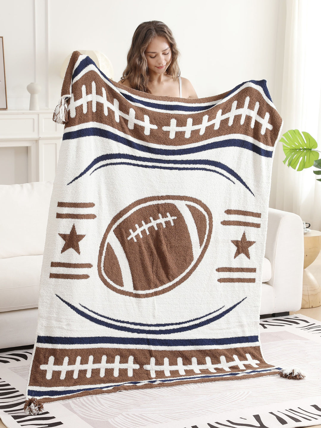 SPORTS PATTERN THROW BLANKET W/ TASSELS