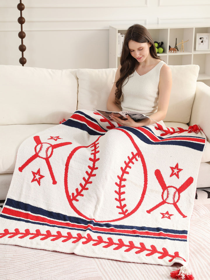 SPORTS PATTERN THROW BLANKET W/ TASSELS