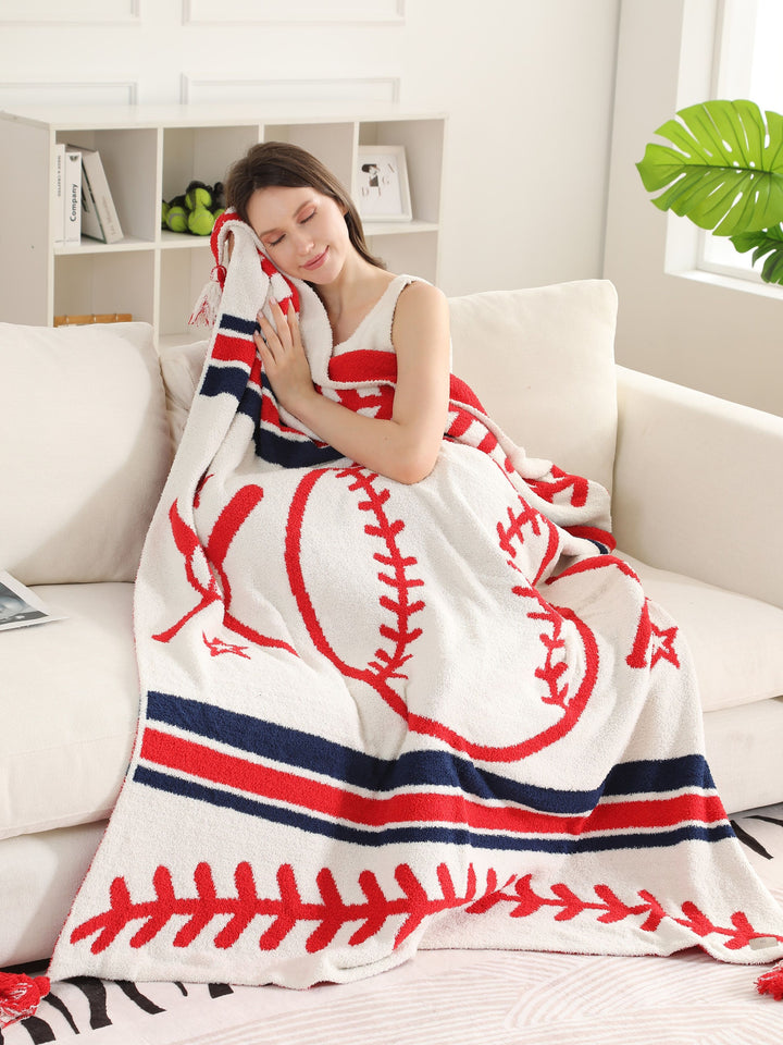 SPORTS PATTERN THROW BLANKET W/ TASSELS