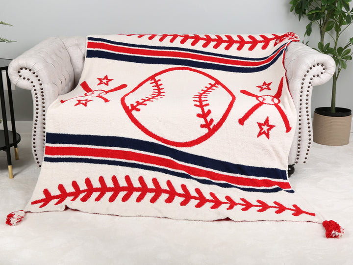SPORTS PATTERN THROW BLANKET W/ TASSELS