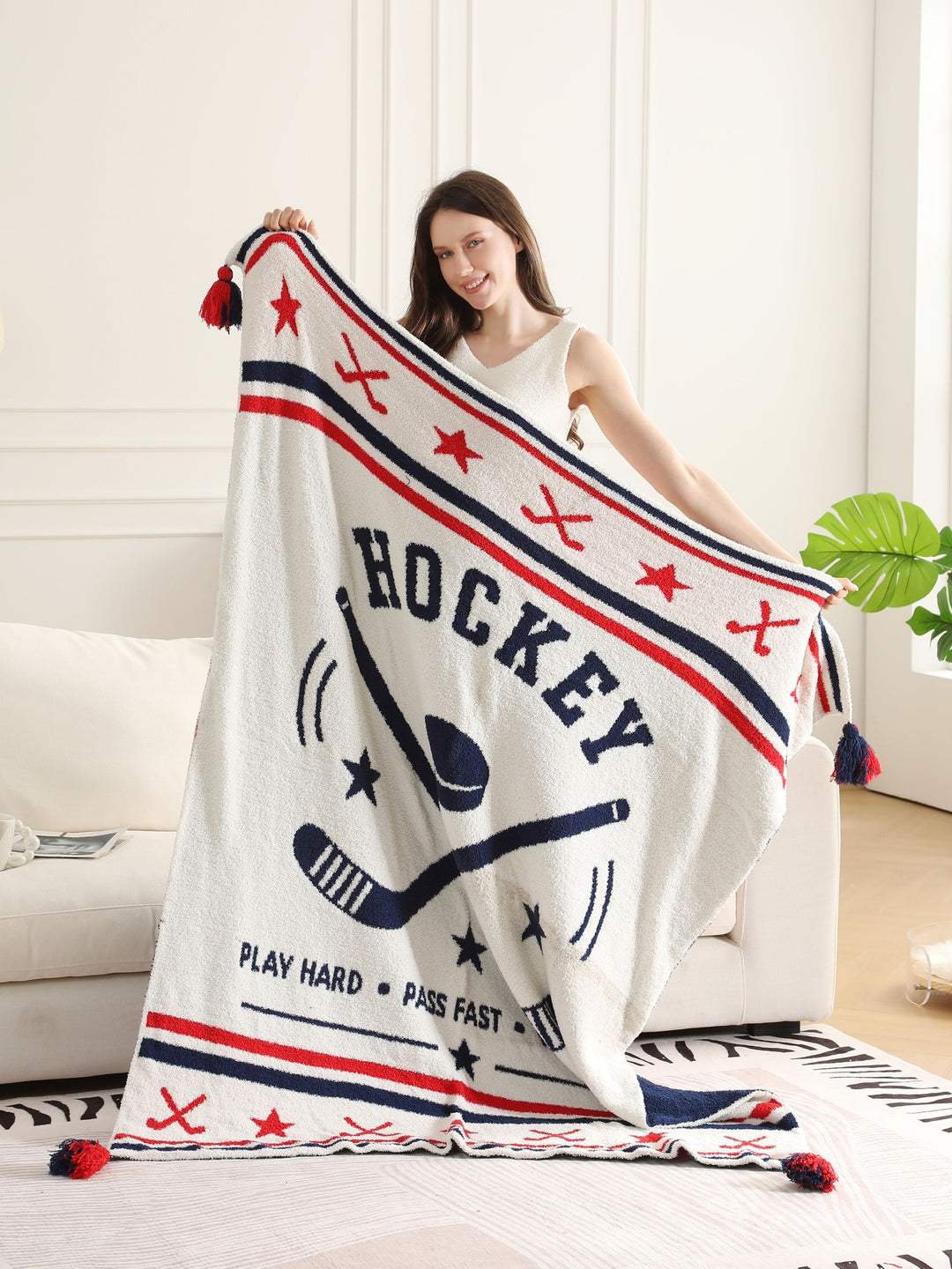 SPORTS PATTERN THROW BLANKET W/ TASSELS