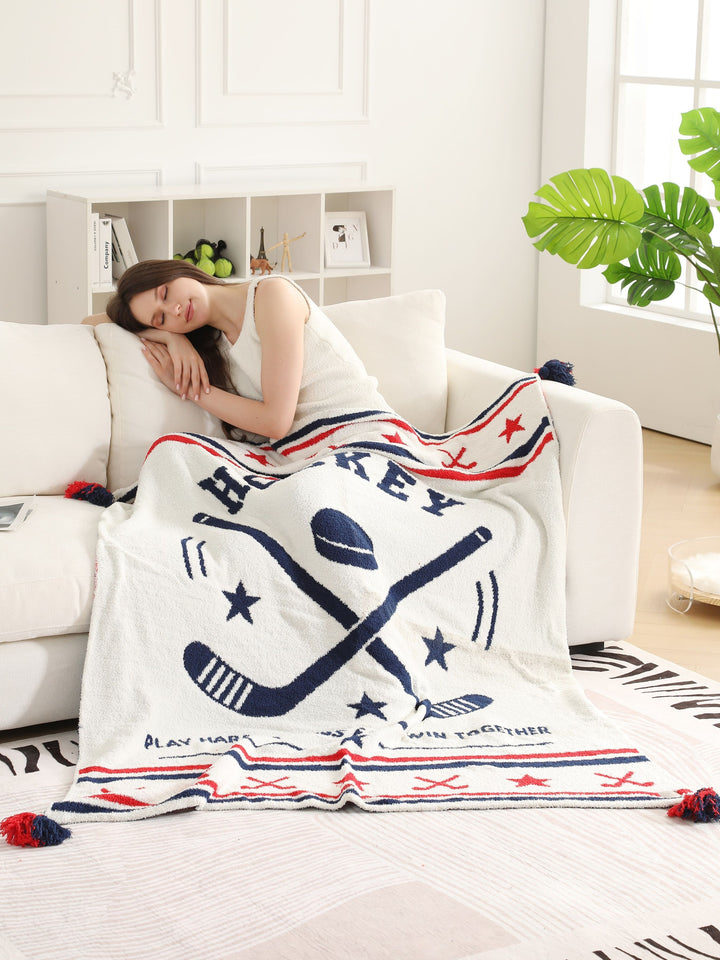 SPORTS PATTERN THROW BLANKET W/ TASSELS