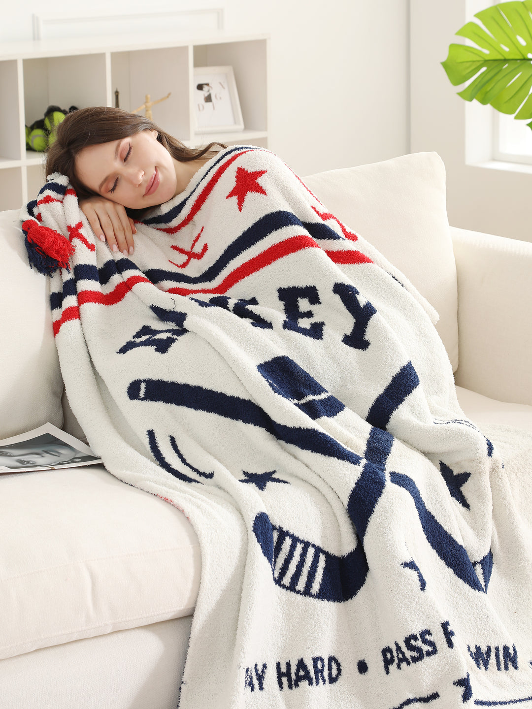 SPORTS PATTERN THROW BLANKET W/ TASSELS