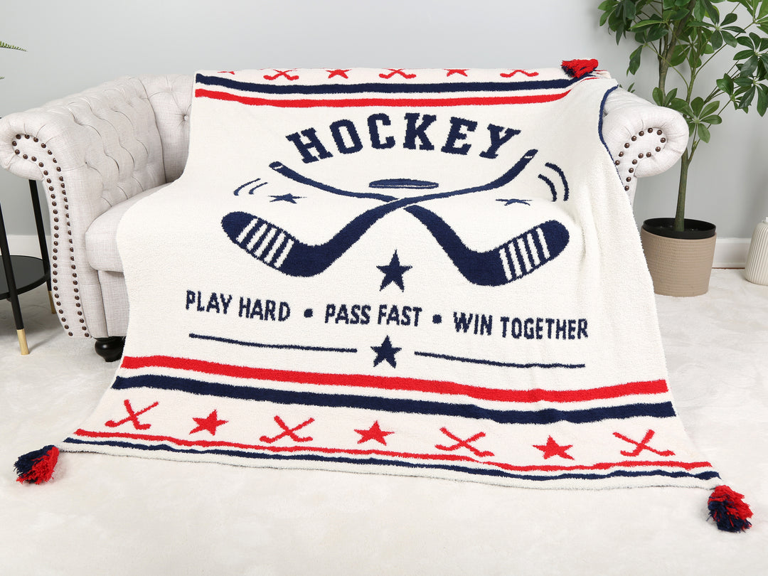 SPORTS PATTERN THROW BLANKET W/ TASSELS