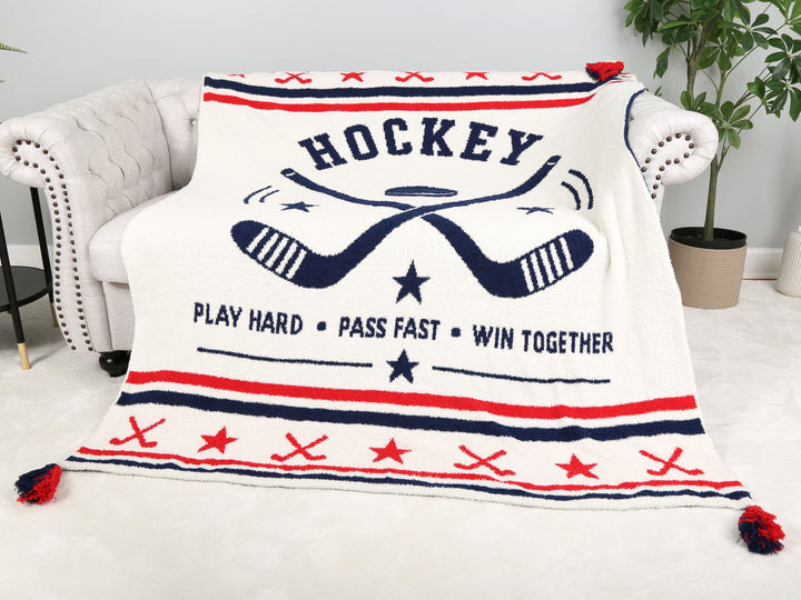 SPORTS PATTERN THROW BLANKET W/ TASSELS