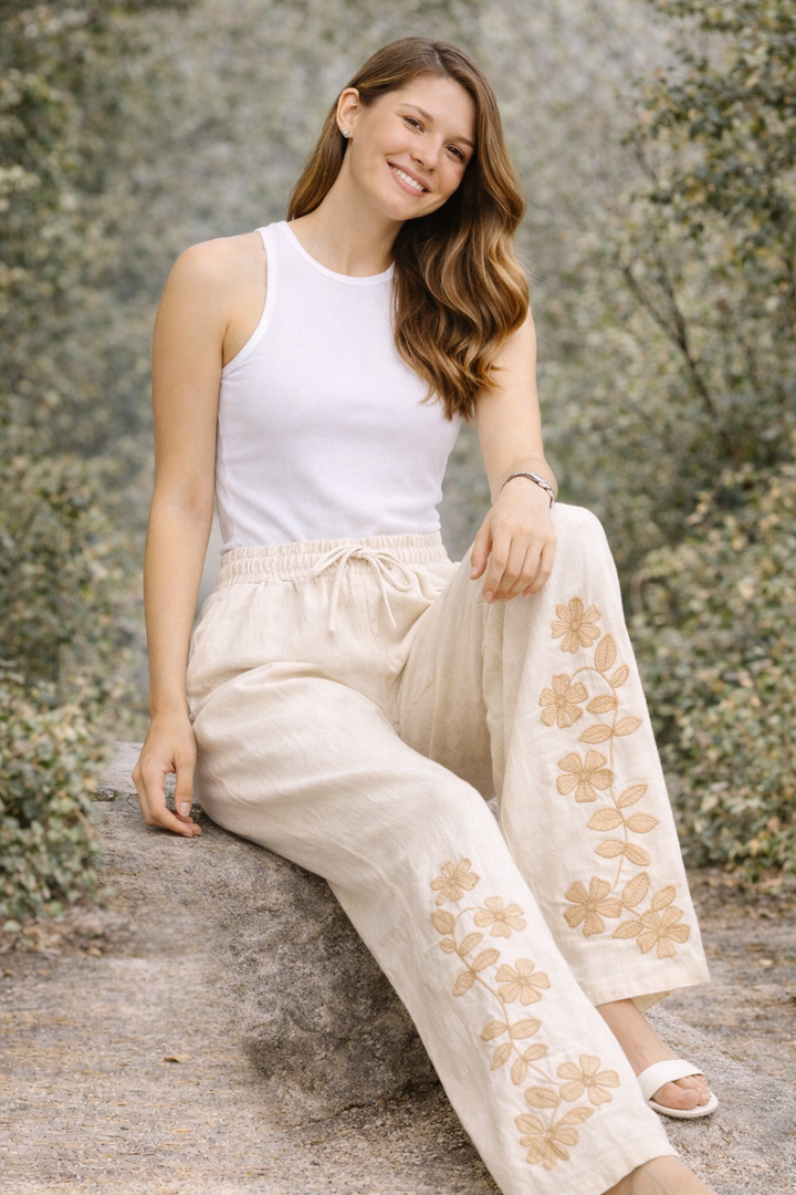 FLORAL PATTERN LINEN PANTS