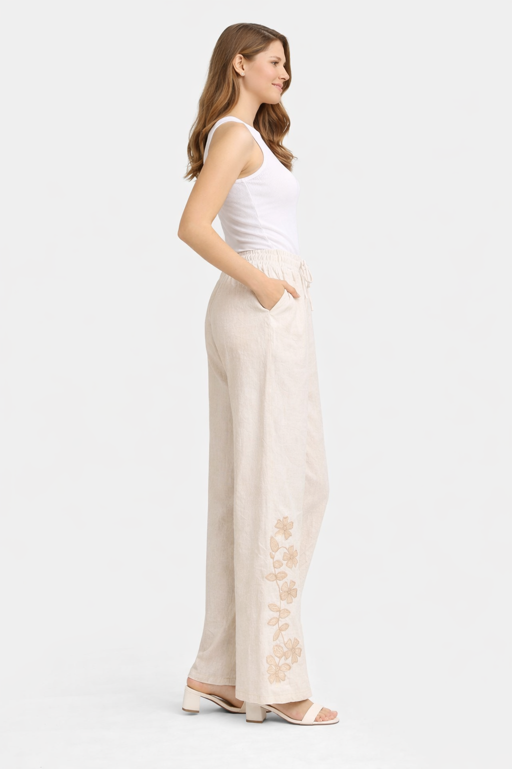 FLORAL PATTERN LINEN PANTS