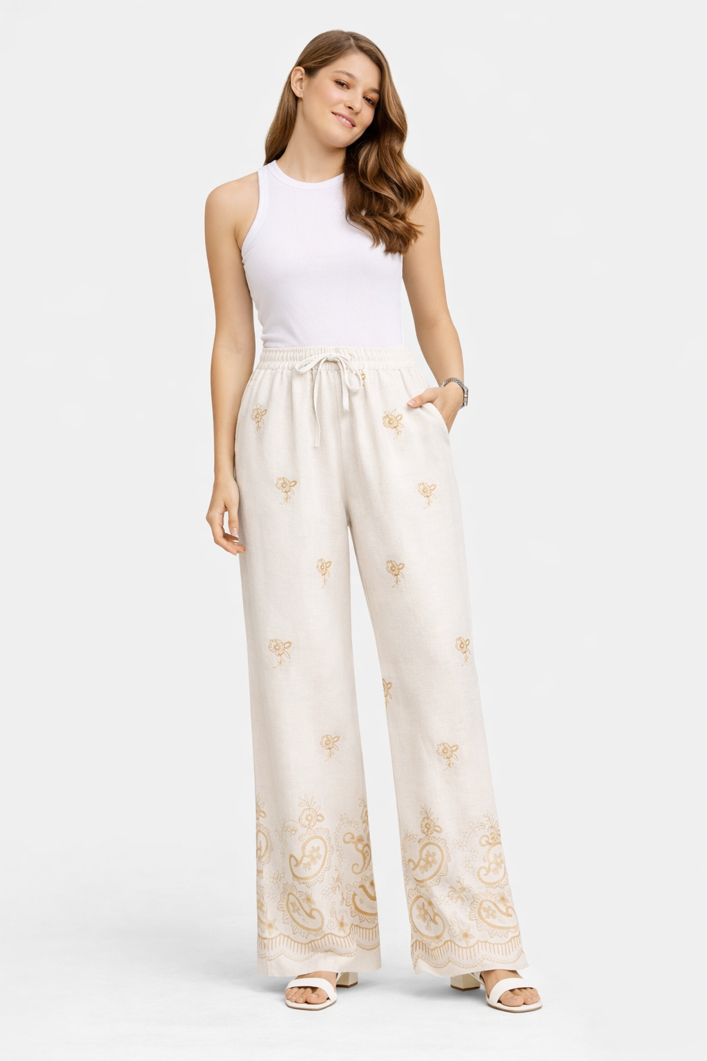 FLORAL & PAISLEY PATTERN LINEN PANTS