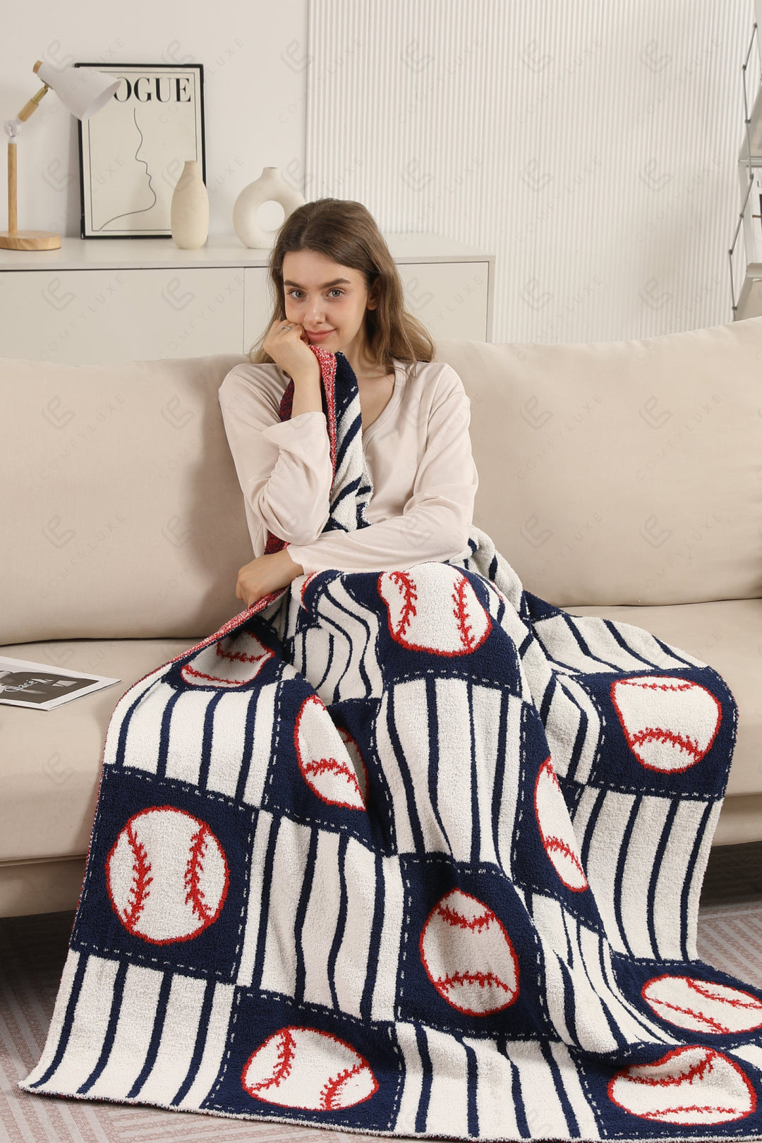 BASEBALL CHECKERED & PIN-STRIPED PATTERN THROW BLANKET NAVY THROW BLANKETS