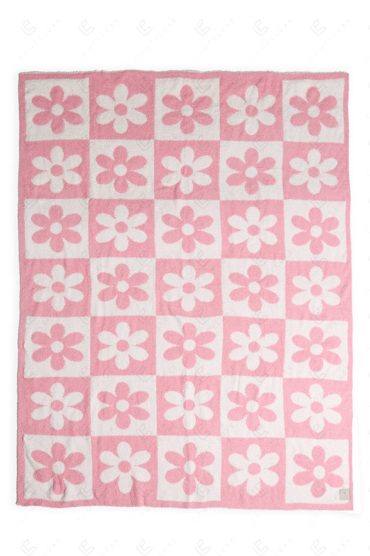 CHECKERED &amp; DAISY PATTERN THROW BLANKET PINK THROW BLANKETS
