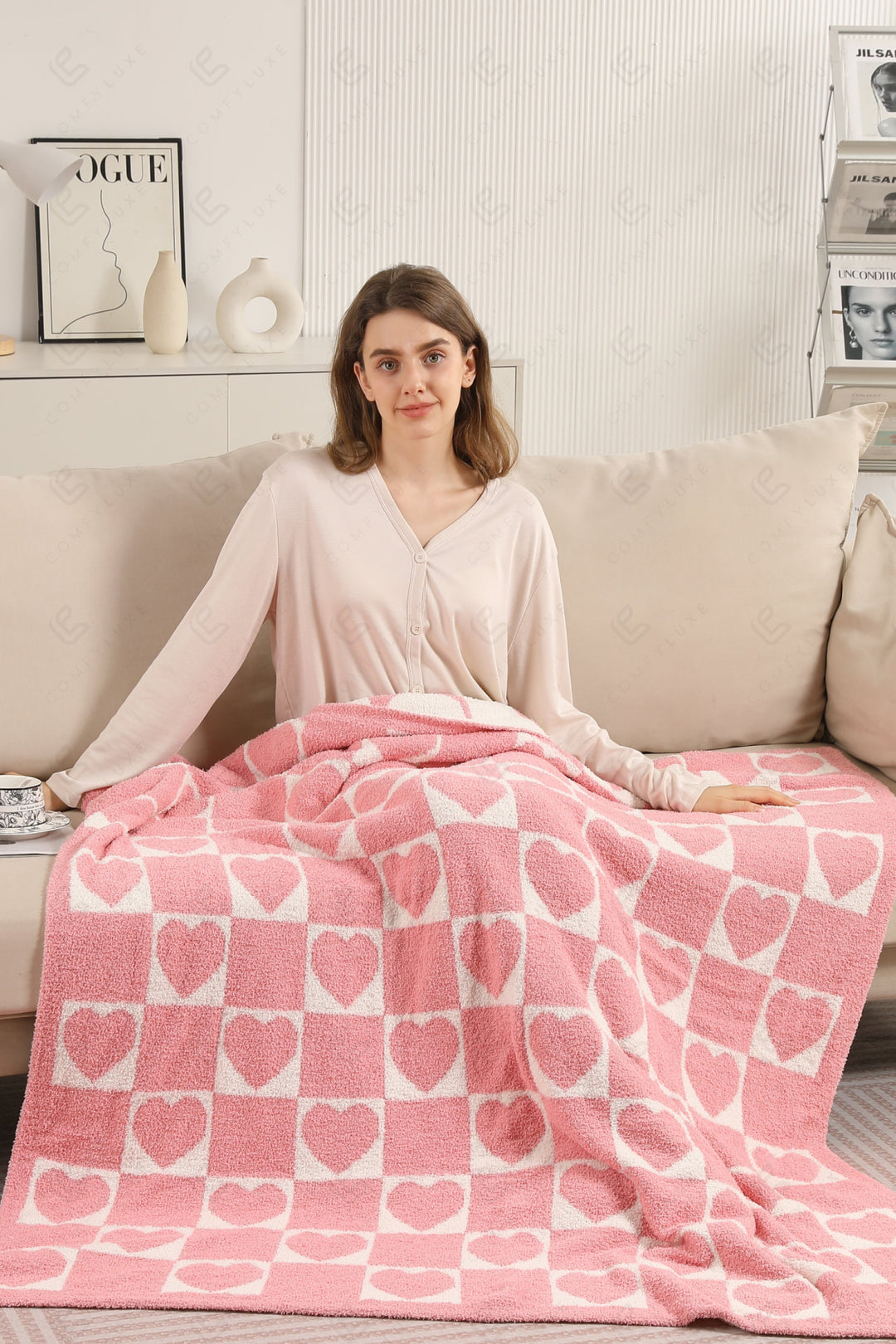 CHECKERED &amp; HEART PATTERN THROW BLANKET PINK THROW BLANKETS