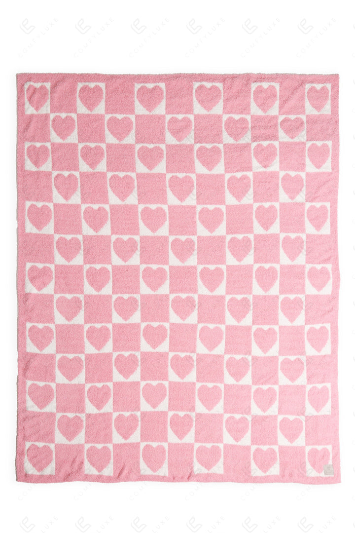 CHECKERED &amp; HEART PATTERN THROW BLANKET PINK THROW BLANKETS