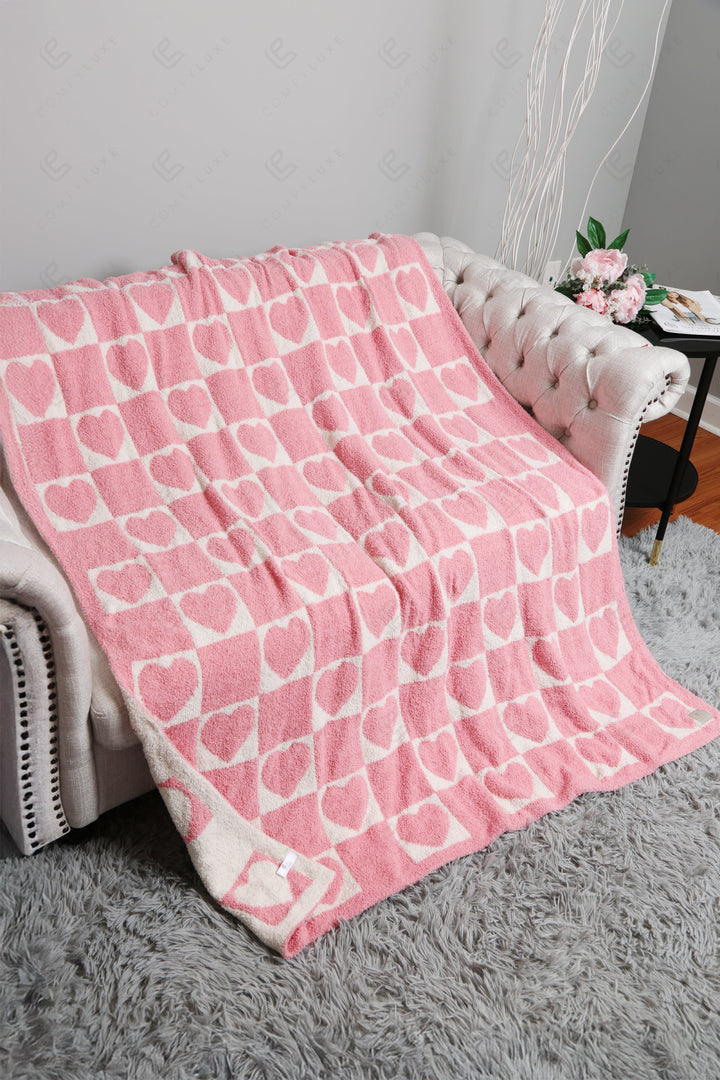 CHECKERED &amp; HEART PATTERN THROW BLANKET PINK THROW BLANKETS