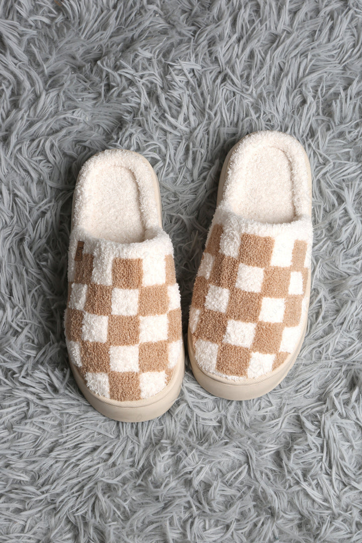 CHECKERED PATTERN PLATFORM SLIPPERS KHAKI / M/L SLIPPERS/SLIDES