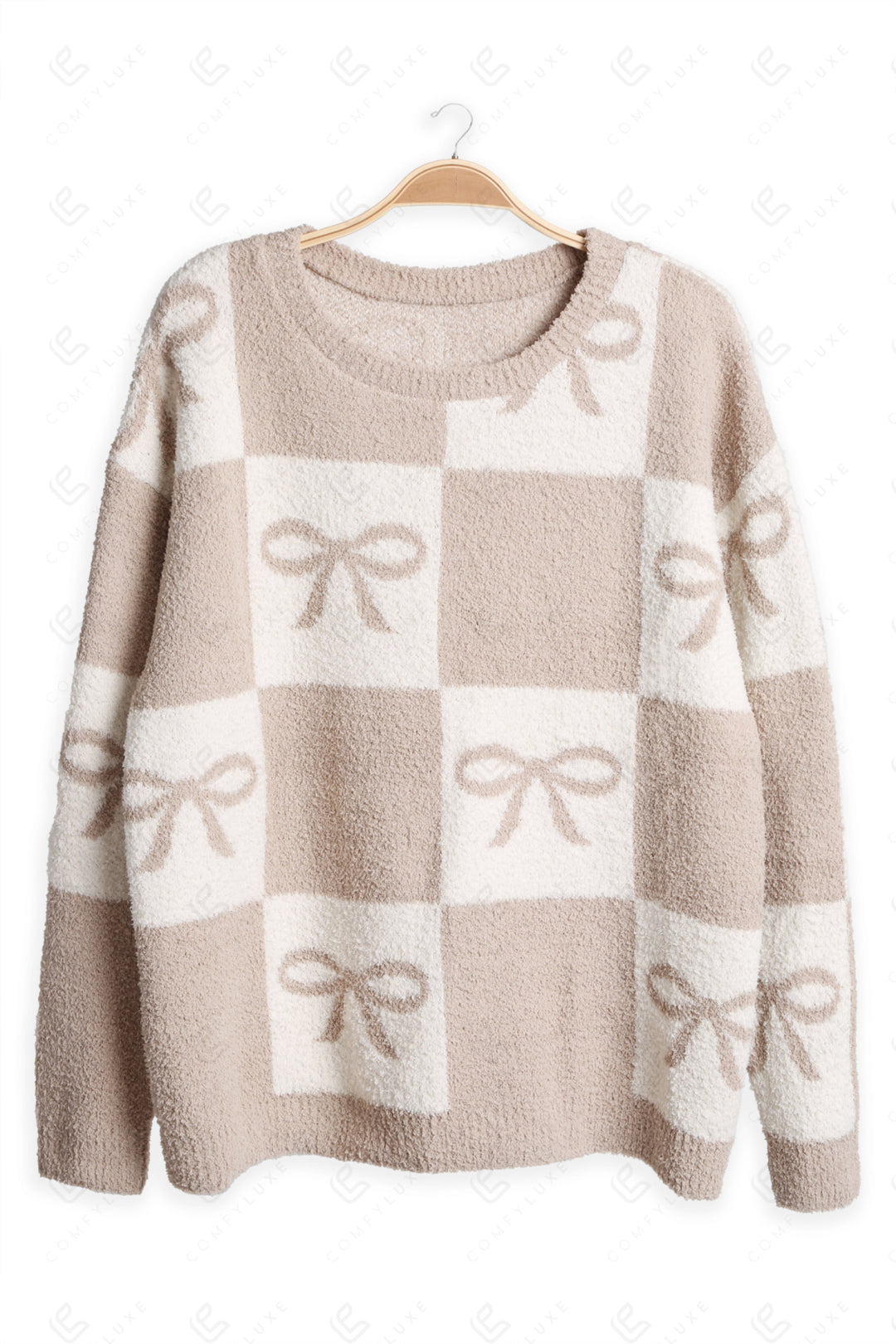 CHECKERED &amp; RIBBON PATTERN SWEATER BEIGE APPAREL