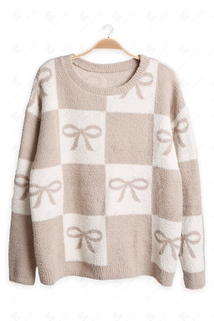 CHECKERED &amp; RIBBON PATTERN SWEATER BEIGE APPAREL