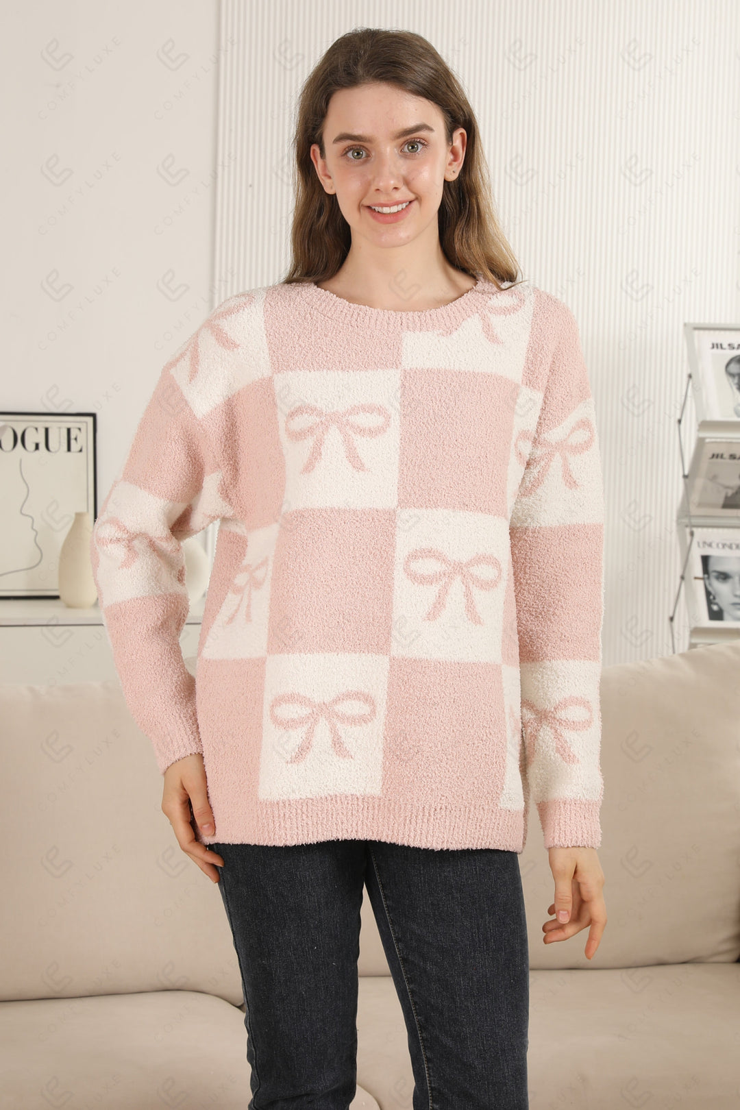 CHECKERED &amp; RIBBON PATTERN SWEATER APPAREL
