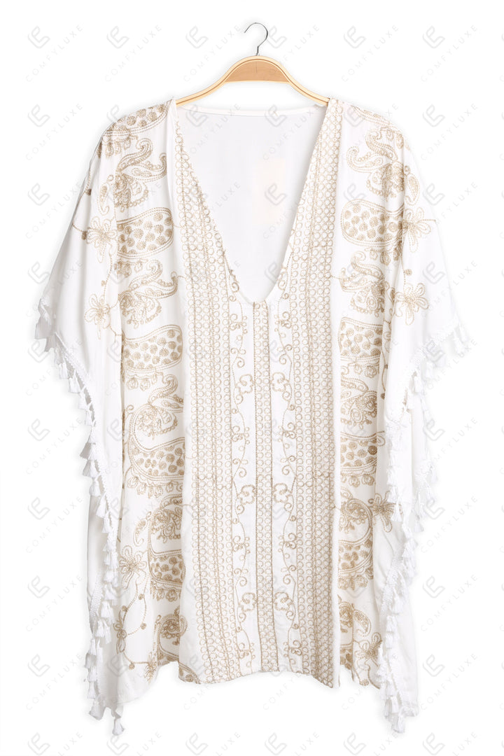 PAISLEY &amp; FLORAL PATTERN EMBROIDERED COVER-UP PONCHO APPAREL