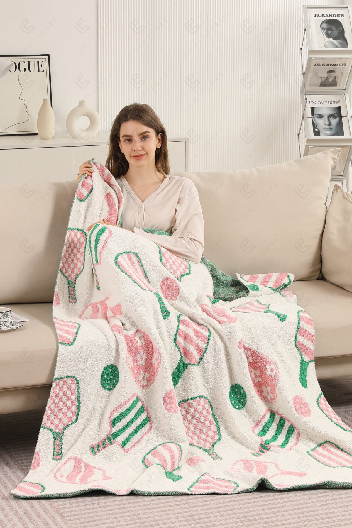 PICKLEBALL PATTERN THROW BLANKET PINK/GREEN THROW BLANKETS
