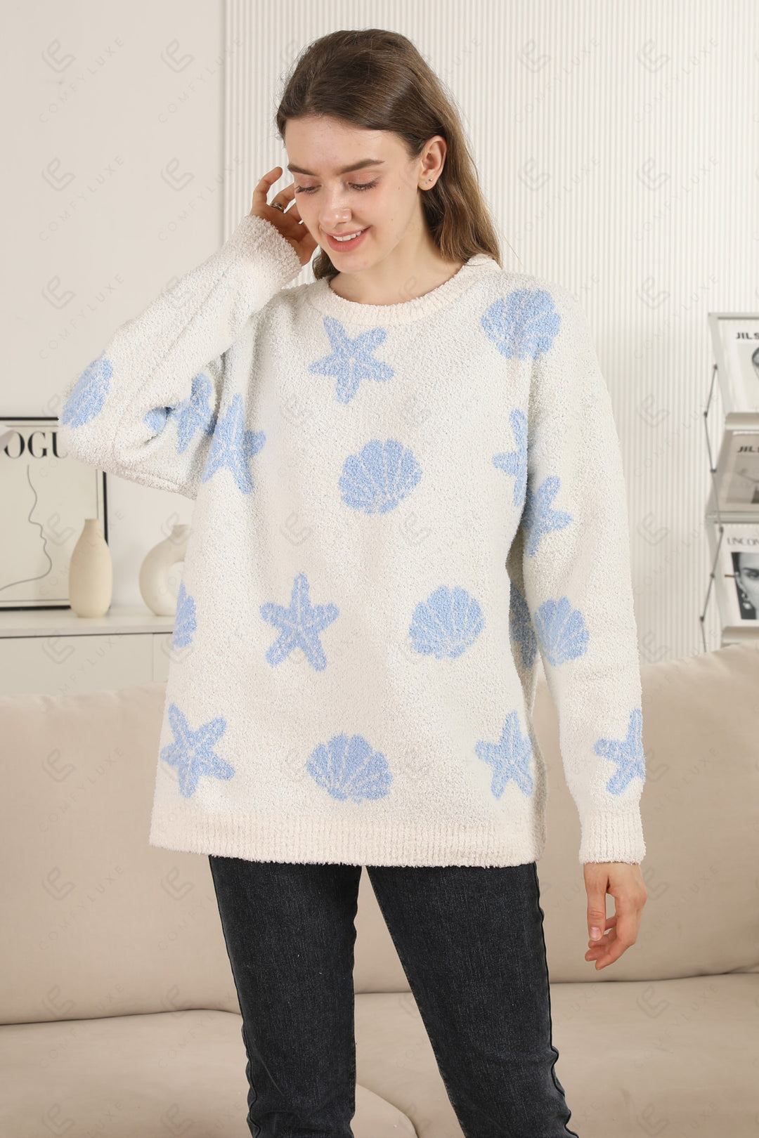 SEASHELL &amp; STARFISH PATTERN SWEATER BLUE APPAREL