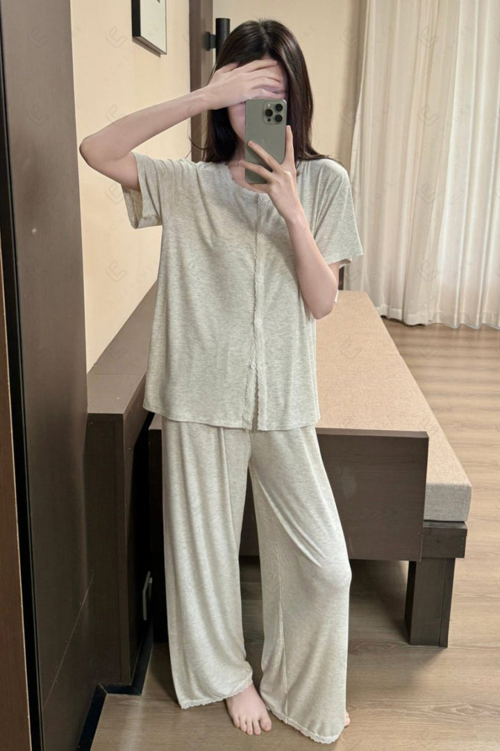 Lace Trim Solid Color Loungewear Sets APPAREL