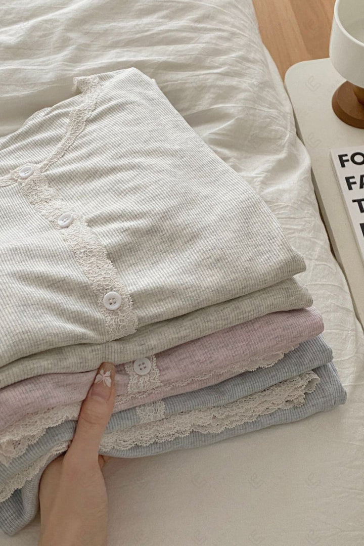 Lace Trim Solid Color Loungewear Sets APPAREL