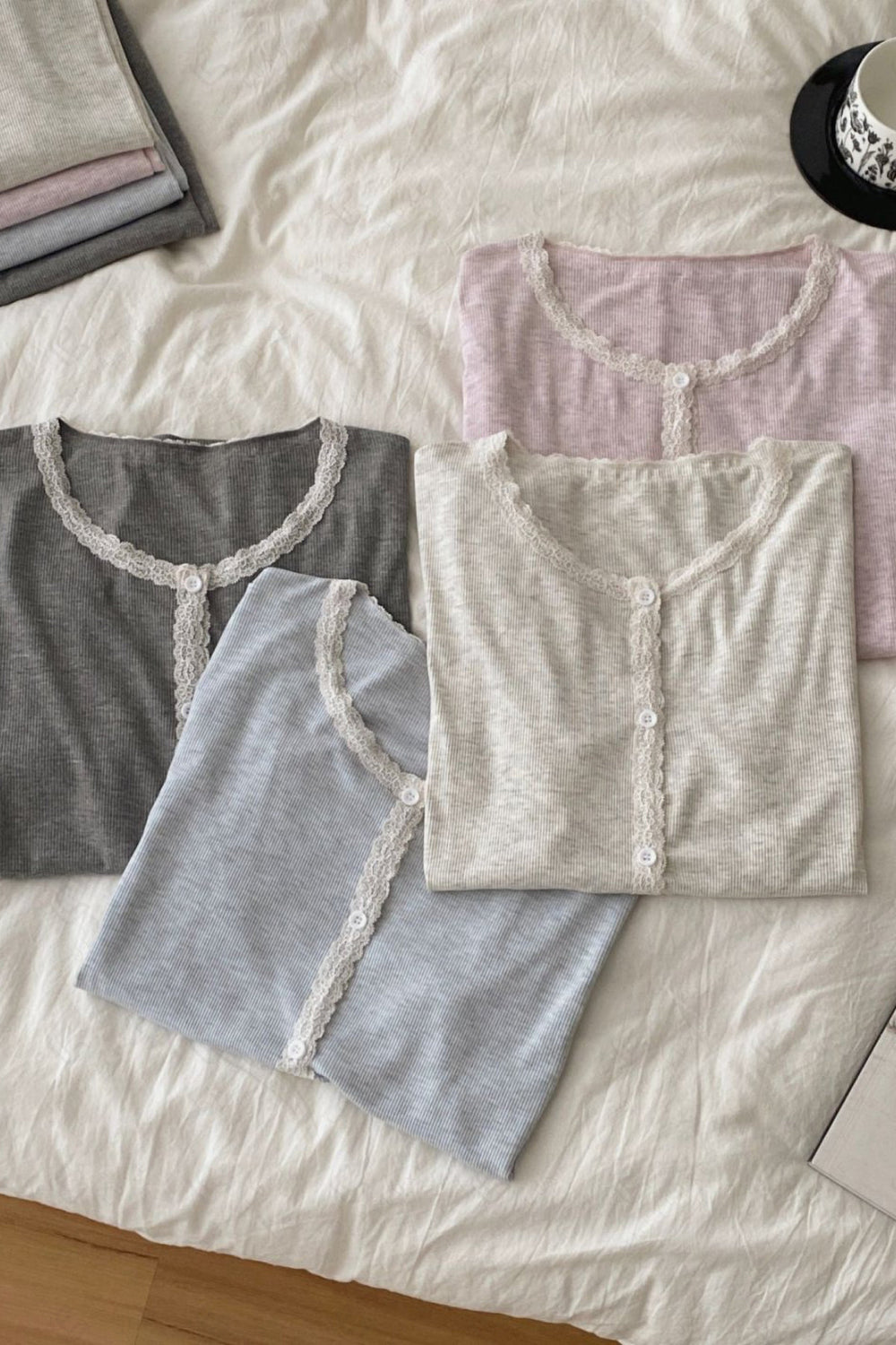 Lace Trim Solid Color Loungewear Sets APPAREL