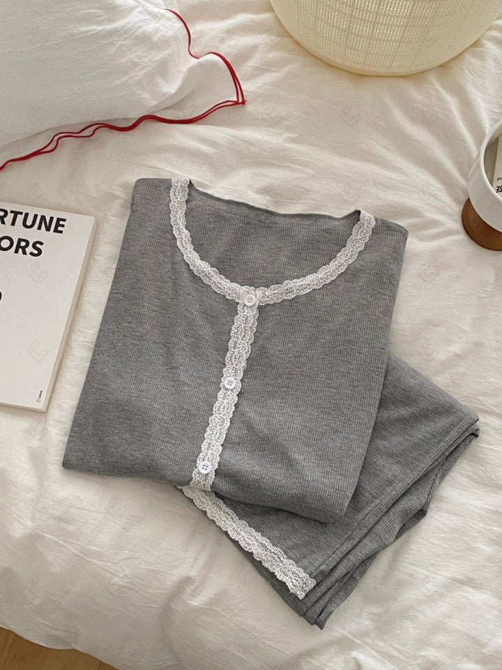 Lace Trim Solid Color Loungewear Sets APPAREL