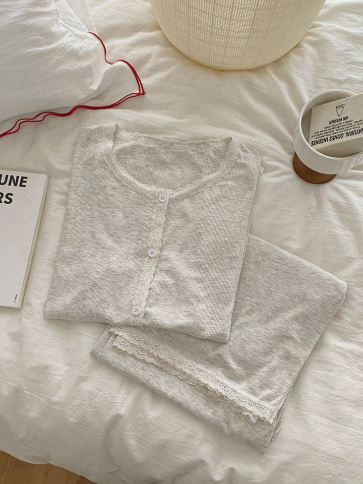 Lace Trim Solid Color Loungewear Sets APPAREL