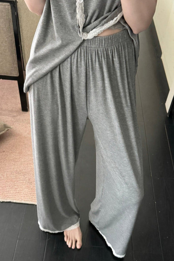 Lace Trim Solid Color Loungewear Sets APPAREL