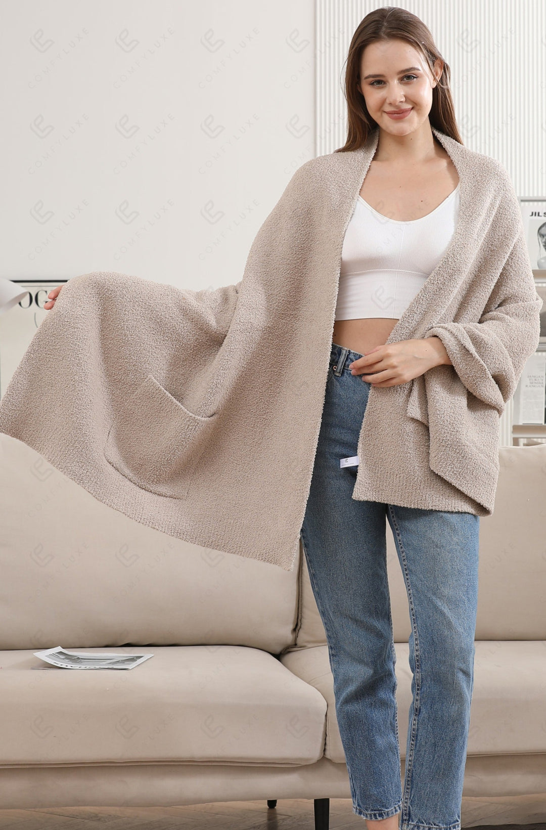 SOLID COLOR SHAWL CARDIGAN BEIGE APPAREL