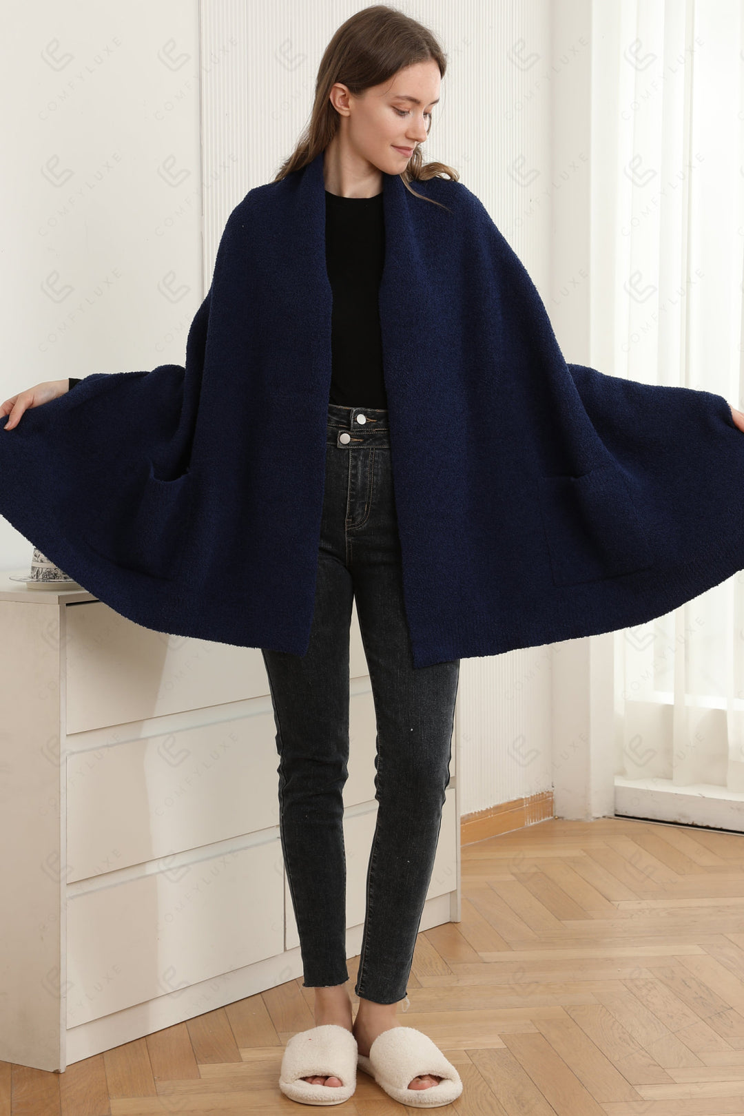 SOLID COLOR SHAWL CARDIGAN NAVY APPAREL