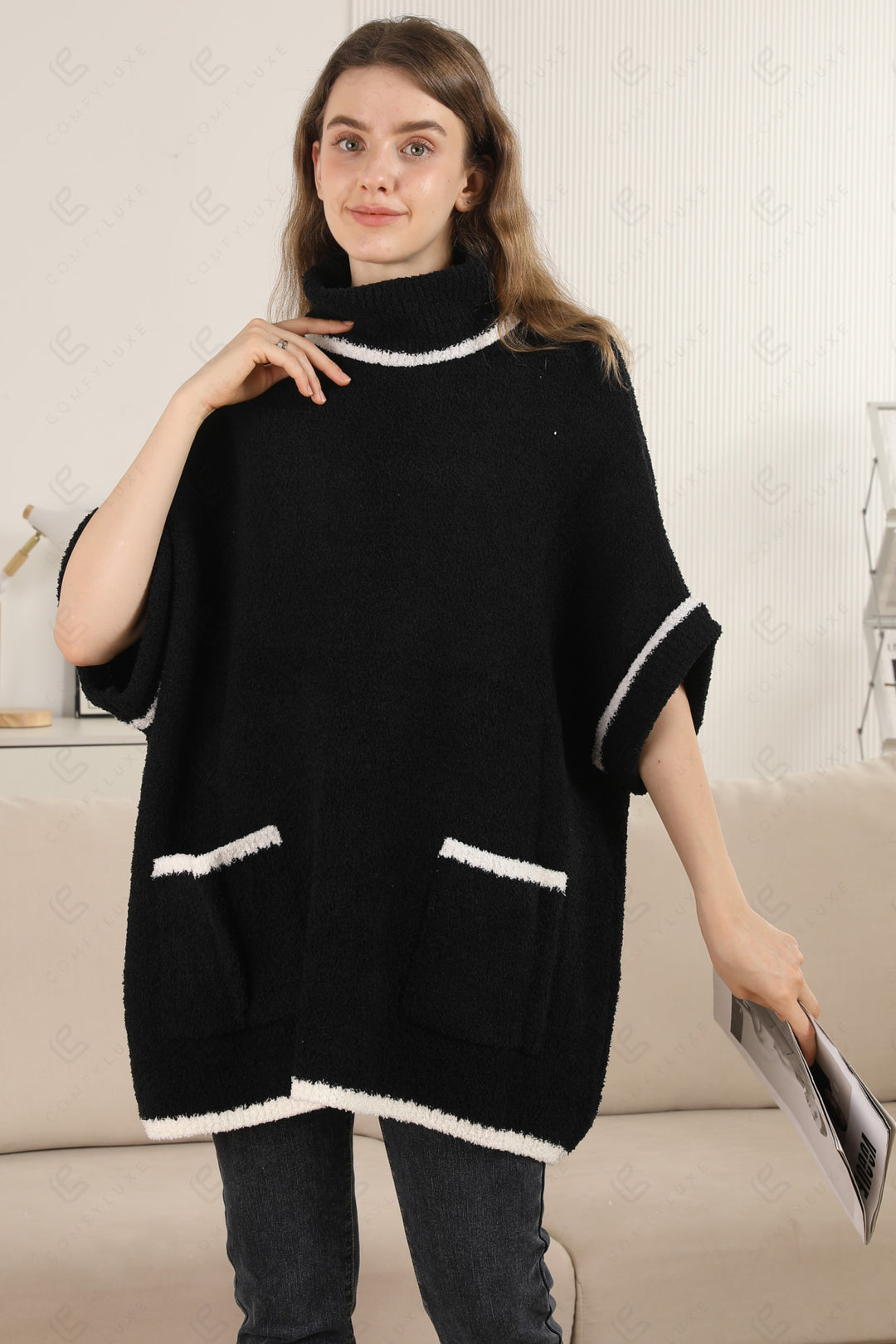 SOLID COLOR W/ COLORED EDGE PATTERN SWEATER BLACK APPAREL
