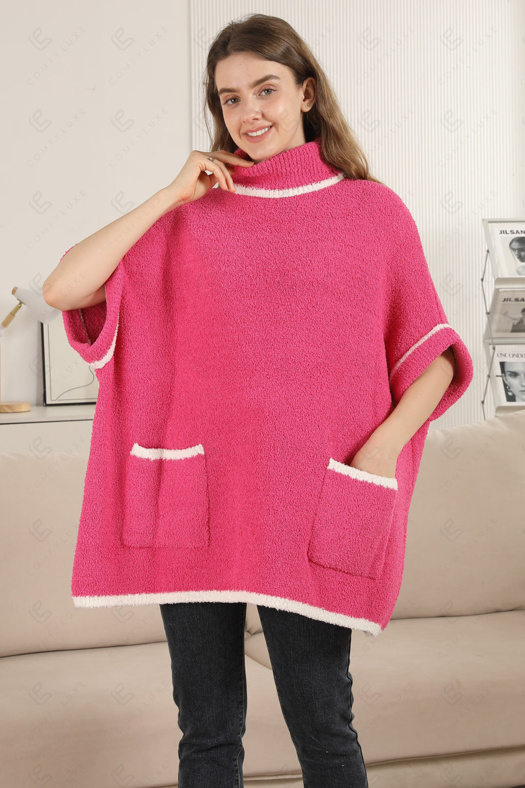SOLID COLOR W/ COLORED EDGE PATTERN SWEATER FUCHSIA APPAREL